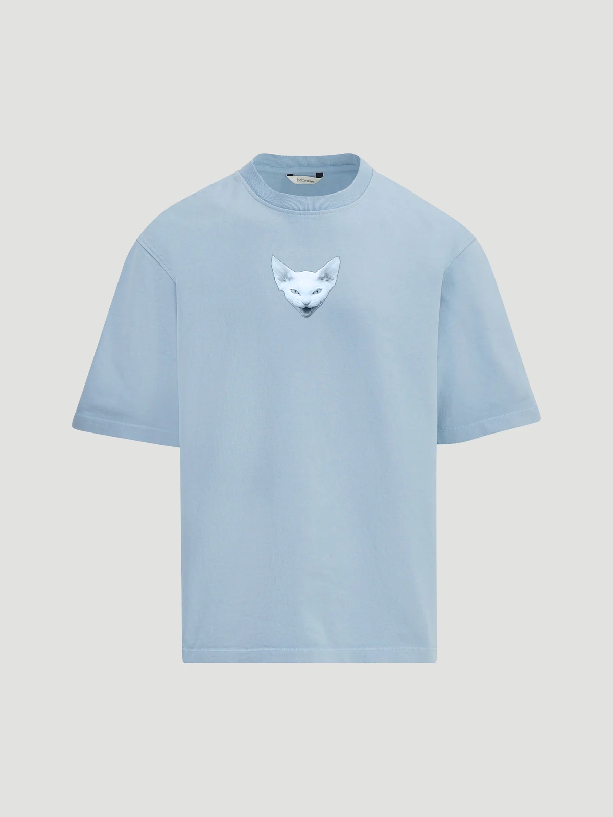 Man wearing babyblue T-shirt